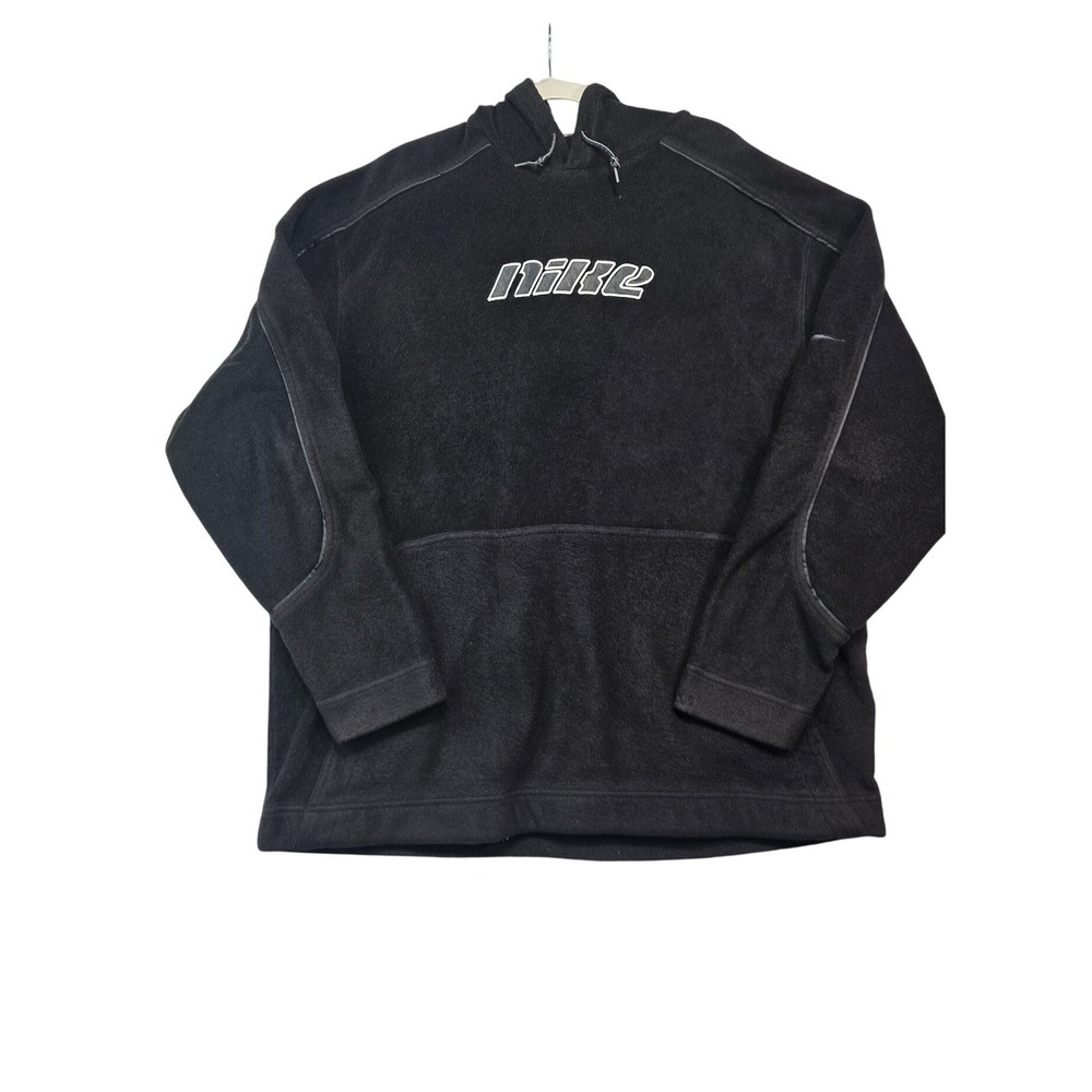 Nike Fleece Hoodie Mens L Black Embroidered Spellout Pullover Sweatshirt Y2K